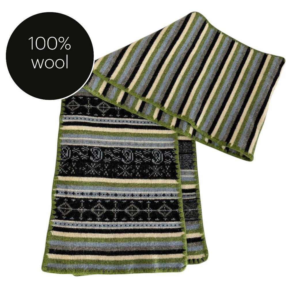 TWIK by SIMONS Green Grey Striped 100% Lambswool Scarf Cozy Winter one size